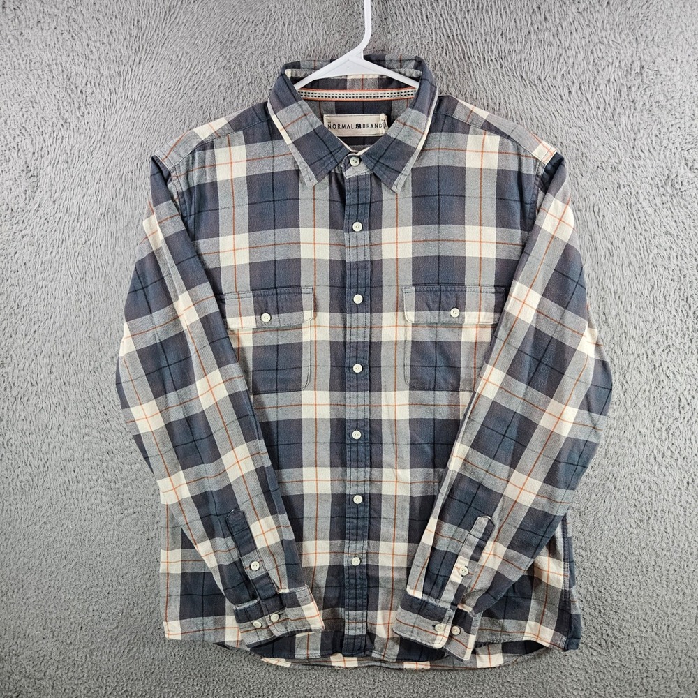 The Normal Brand Mens XL Flannel Shirt Grey Orange Plaid Cotton‎ Button Down
